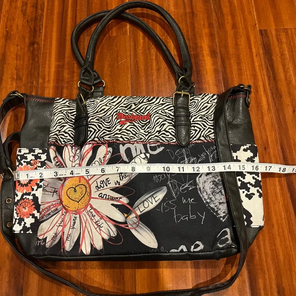 Desigual Tote‎ Bag Purse Set Patchwork Graffiti Daisy Zebra Pouch Black Multi